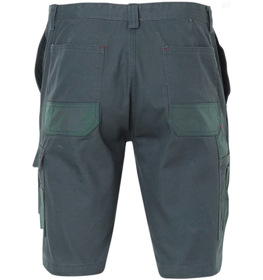 A pair of green cargo shorts with multiple pockets and a waistband, featuring a logo.