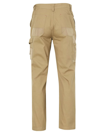 A pair of stout work pants in a light tan colour, featuring cargo pockets and a logo on the back.
