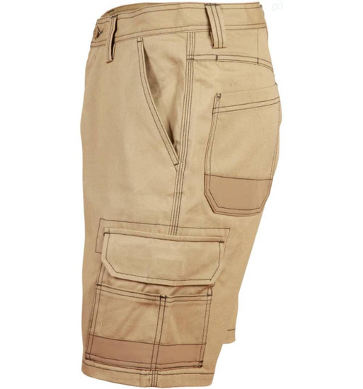 Light weight semi-fitted cargo shorts in khaki, featuring multiple pockets and a logo on the fabric.
