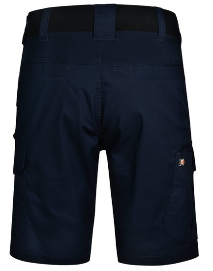 Navy blue stretch work shorts featuring cargo pockets and an elastic waistband, with a small logo on the side.