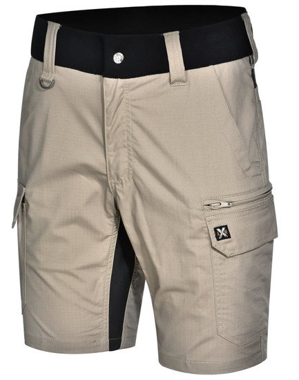 Rip-stop poly/cotton stretch work shorts in beige with black detailing and multiple pockets. Features a belt loop and logo.