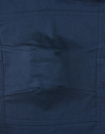 Navy unisex cotton stretch ripstop work pants with multiple pockets and a logo detail.