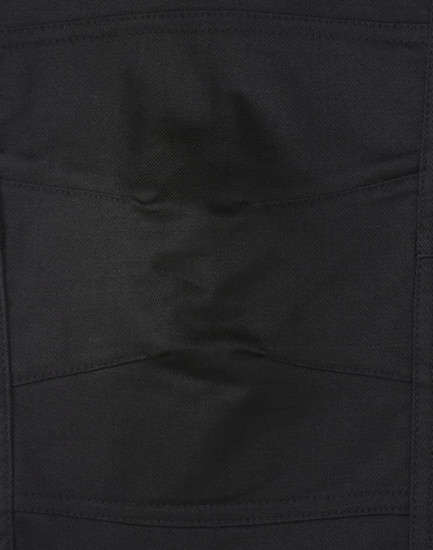Unisex black cotton stretch ripstop work pants featuring multiple pockets and a durable fabric. Includes branding.