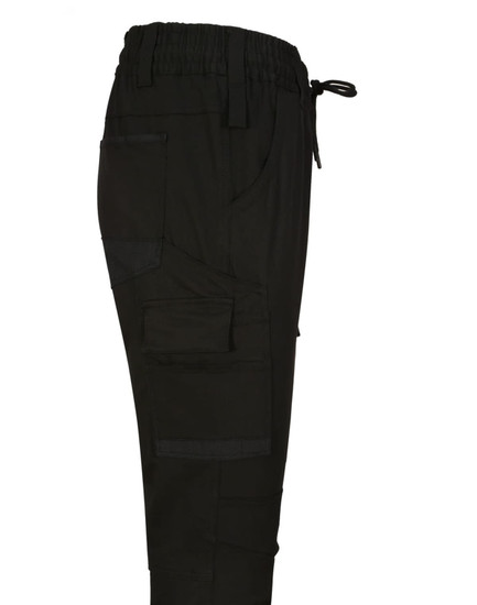 Unisex cotton stretch drill cuffed work pants in black, featuring multiple pockets and an adjustable drawstring waist.