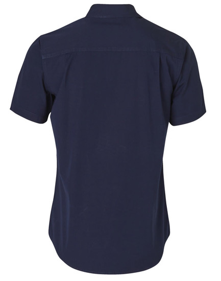 A navy blue short sleeve work shirt featuring a collar and a back yoke, with a branding logo on the label.