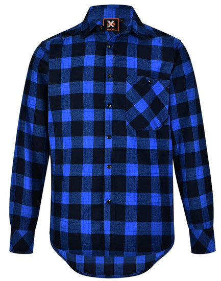 A blue and black plaid button-up shirt with a chest pocket and a logo on the collar.