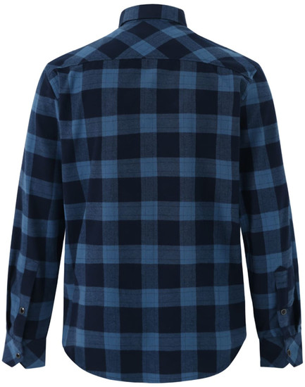 A unisex flannel plaid shirt featuring a blue and navy check pattern, displayed from the back. It has a collar and button cuffs.