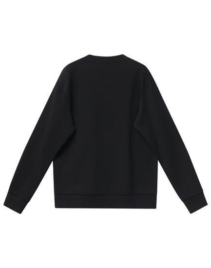 A black unisex crew neck sweater with long sleeves and a plain back. It features a logo.