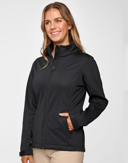 A black ladies' sustainable softshell corporate jacket with a zip front and side pockets, featuring a logo.