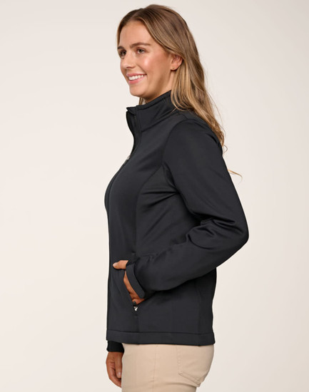 A women's softshell jacket in dark navy, featuring a high collar and side pockets, with a logo on the chest.