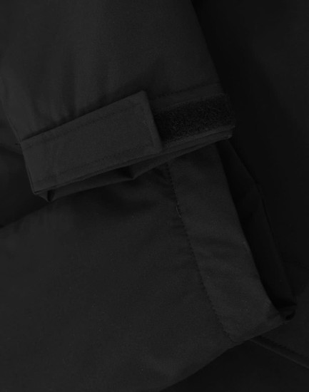 A close-up of a black unisex quilted waterproof jacket featuring a Velcro cuff and smooth fabric texture.
