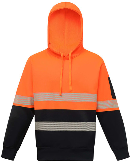 A safety hoodie in high-visibility orange and navy, featuring segmented reflective tapes and a hood.