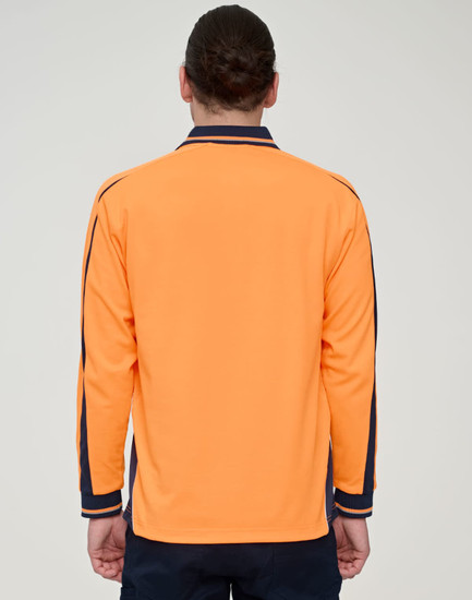 A long-sleeve polo in high-visibility orange with navy detailing and a logo on the back.