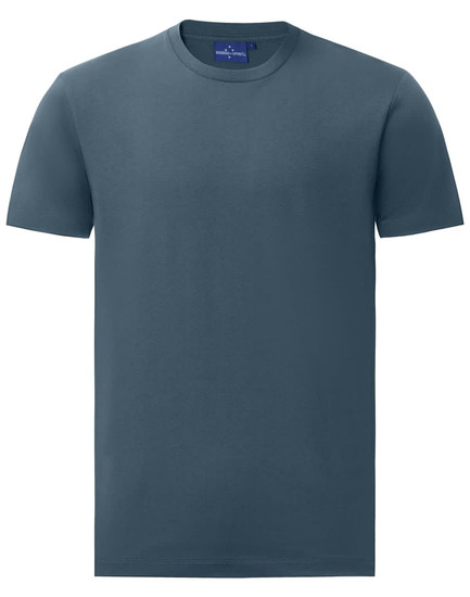 A men's premium cotton short-sleeve tee shirt in a dark blue colour, featuring a logo on the label.