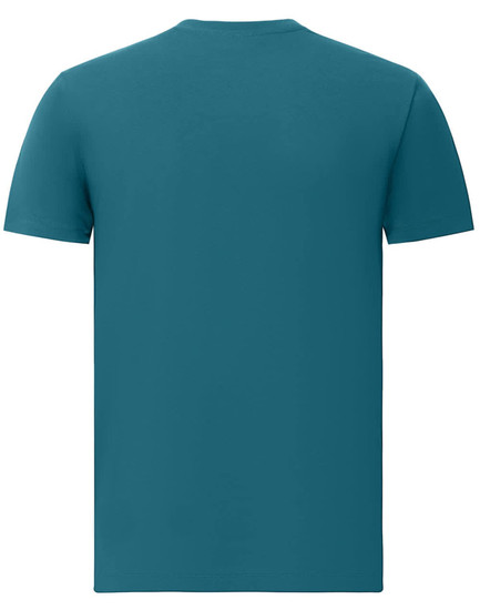 A men's premium cotton short-sleeve tee shirt in a teal colour with a plain back and a logo.