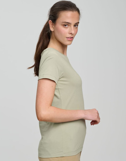 A light green premium cotton t-shirt for women, featuring short sleeves and a fitted design.