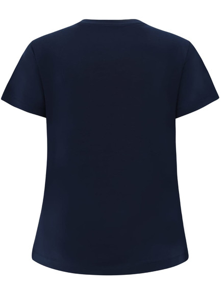 A navy blue ladies' premium cotton short sleeve tee shirt featuring a round neckline and a simple, clean design.