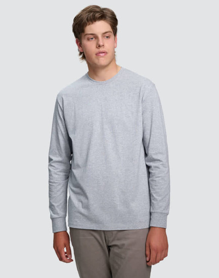 A grey long-sleeve cotton T-shirt for men, featuring a simple design and classic fit. It has a logo on it.