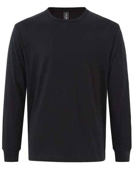 A black long-sleeve t-shirt made of premium cotton with a round neckline and a logo on the tag.