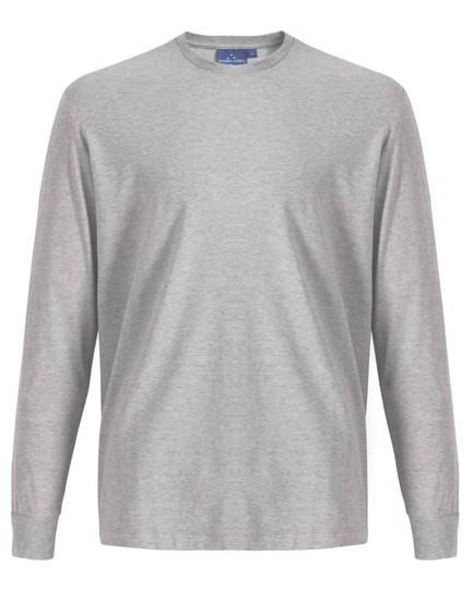A grey long-sleeve tee shirt made from premium cotton, featuring a crew neck and a logo.