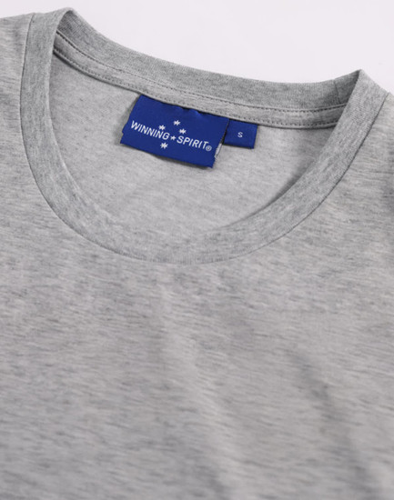 A grey long-sleeve tee shirt featuring a round neckline and a logo on the label.