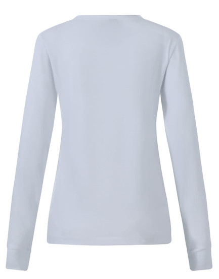 A light blue long-sleeve tee shirt for women with a fitted shape and a logo on the back.