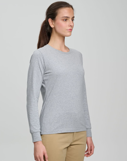 A grey long-sleeved tee shirt for women, featuring a fitted design and a logo on the fabric.