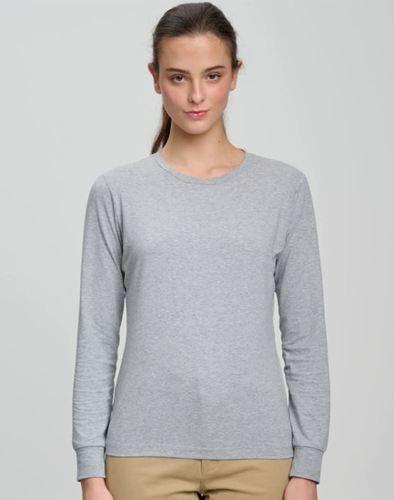 A long-sleeve tee shirt in light grey, featuring a round neckline and a fitted design. It has a logo on the chest.
