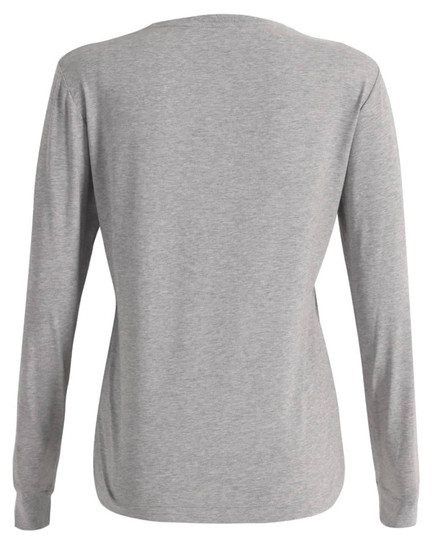 A grey premium cotton long-sleeve ladies' tee shirt with a simple design and a subtle logo.