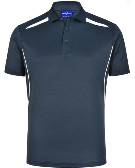 Men's sustainable poly/cotton polo shirt in navy with contrasting white panels. Features a collar and three-button placket.
