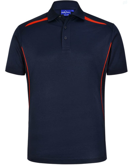 A navy polo shirt with contrasting red side panels and a collar. It features buttons and a logo.