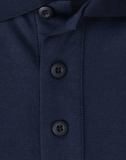 A navy blue polo shirt featuring three buttons and a collar, with a logo on the fabric.