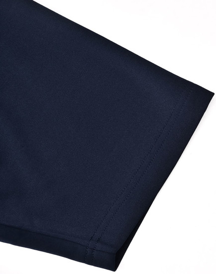 A navy men's sustainable poly/cotton polo shirt featuring a short sleeve design and a logo.