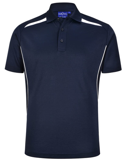 A navy blue sustainable poly/cotton polo shirt with white contrast stripes and a collar. It features a logo.