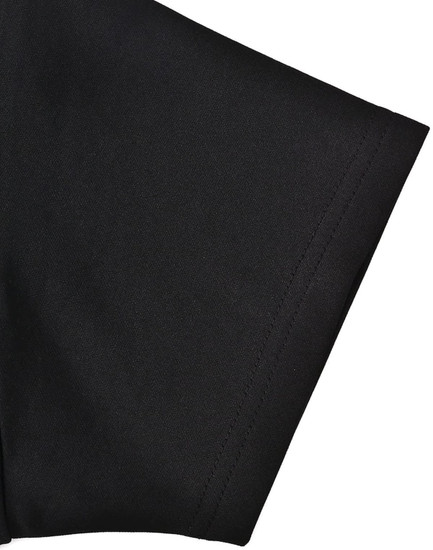 A black polo shirt featuring short sleeves and a contrast detail, with a logo on the fabric.