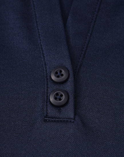 A navy blue lightweight polo shirt featuring a button-up collar and two black buttons. Includes a logo.