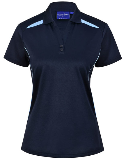 A navy blue polo shirt featuring light blue contrast detailing and a logo. Made from sustainable poly/cotton fabric.