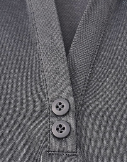 A grey sustainable poly/cotton polo shirt featuring a placket and two buttons. The shirt includes a logo.