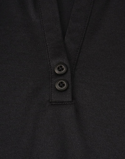 A black polo shirt featuring a V-neck and two buttons, made from sustainable poly/cotton material.