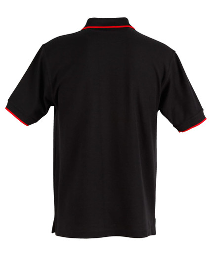 A black polo shirt with red detailing, featuring a collar and short sleeves. It has a branding logo.