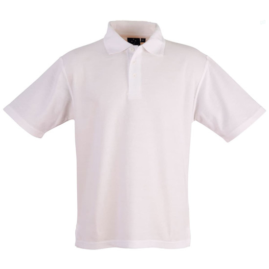 A white unisex traditional polo shirt featuring a collar and short sleeves, with a logo on the front.