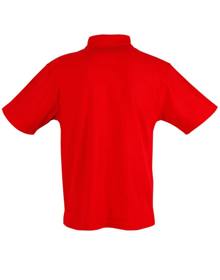 A unisex traditional polo shirt in vibrant red with a collar and short sleeves, featuring a logo.