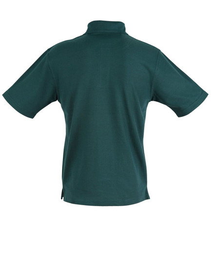 A unisex traditional polo shirt in dark green, featuring a collar and short sleeves, with a logo on the back.