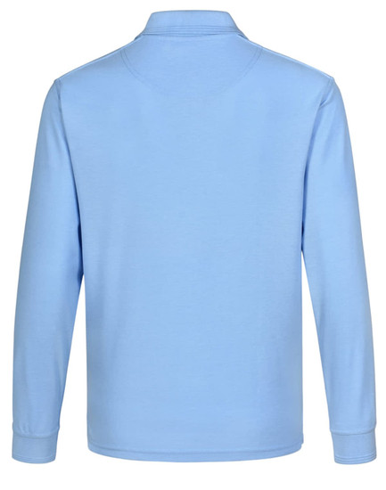 A blue unisex long sleeve polo shirt with a collar and a logo on the back.