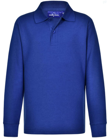 A blue long sleeve polo shirt made from traditional poly/cotton pique knit, featuring a three-button placket and a collar.