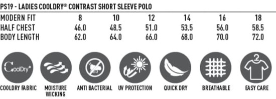 A women's polo shirt in various sizes, featuring short sleeves, a modern fit, and a logo.