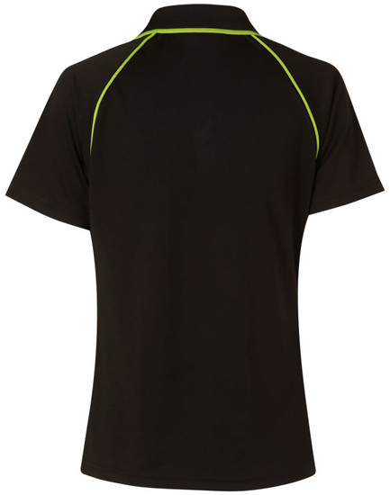 A black ladies cooldry raglan short sleeve polo featuring contrasting green piping and a logo.