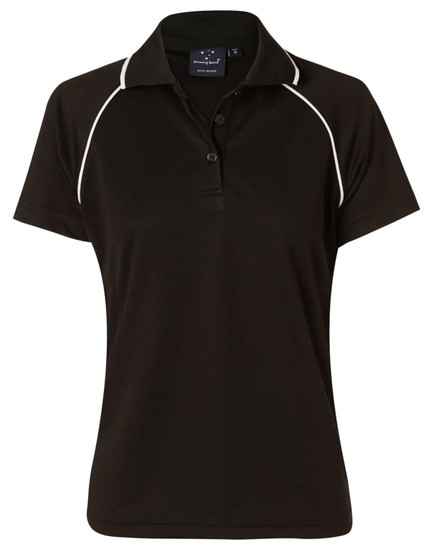 A black ladies polo shirt with white piping, featuring a collar and short sleeves, along with a branding logo.