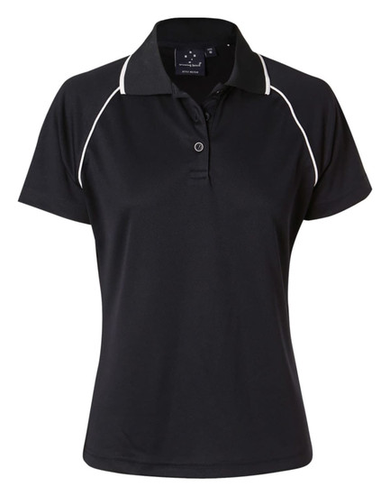 A black polo shirt featuring white piping, short sleeves, and a collar. It has a logo on the chest area.