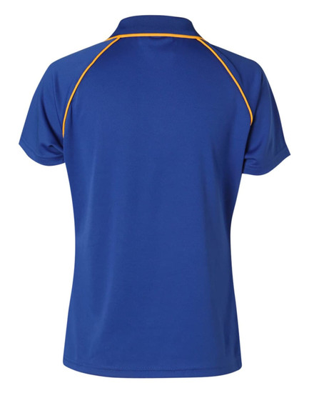 A blue men's Cooldry raglan short-sleeve polo shirt with yellow accents and a logo.